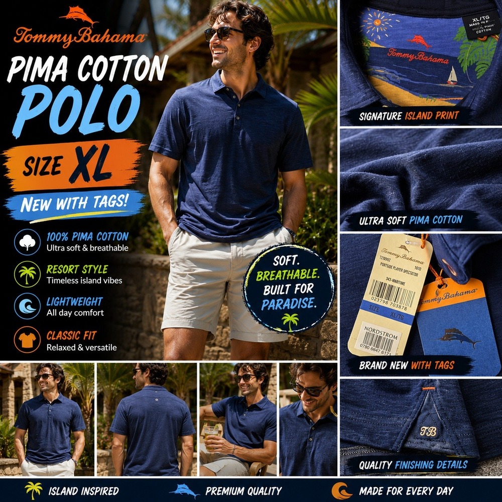 NWT Tommy Bahama Portside Pima Cotton Polo Shirt Blue XL Original Retailed $88